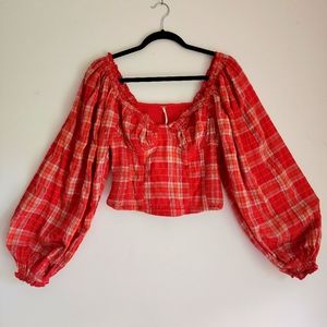 Free People Top Red Sexy Corset Country Top Puffer Sleeves Boho Top
